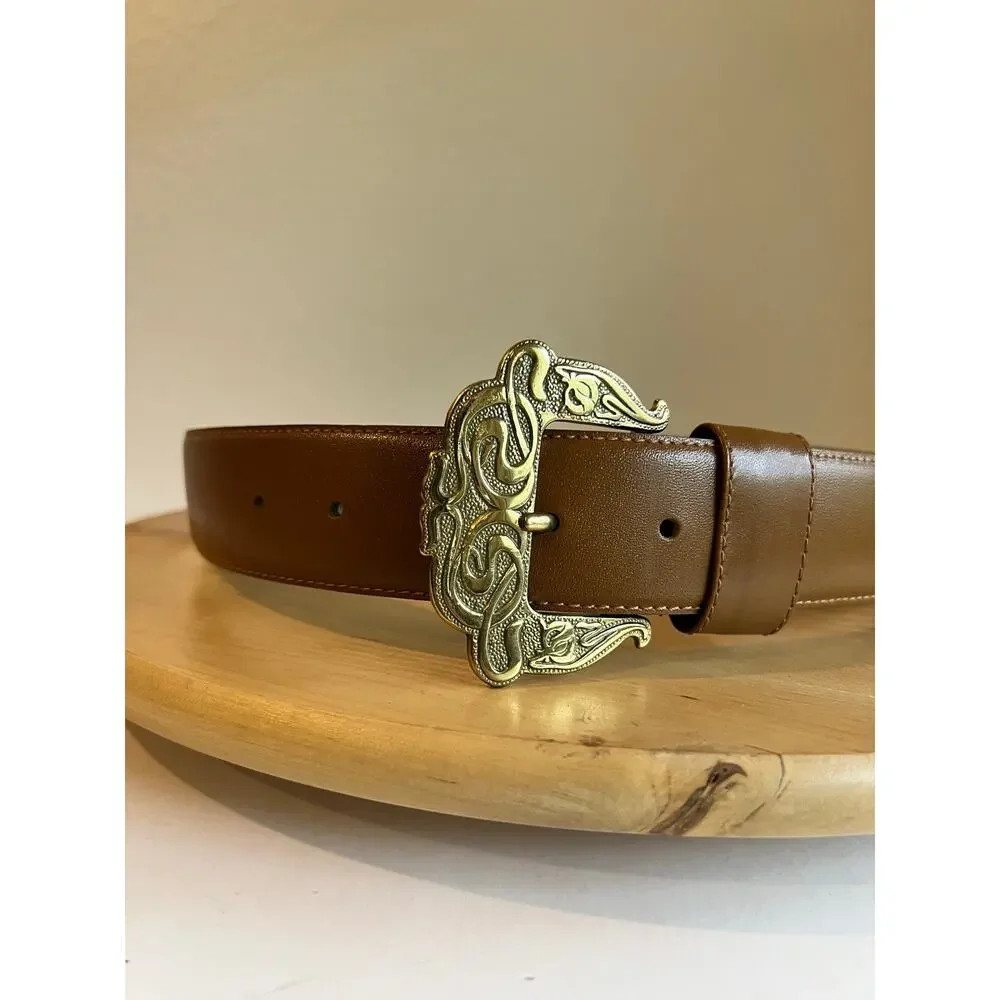 Vintage Liz Claiborne Tan Full Grain Semi Aniline Leather Gold Belt Size Large